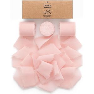 Ruban en Mousseline de Soie Rose, Fait Main avec Franges, Total 3,8 cm x 19,2 m, Ruban Effiloché pour Invitations de Mariage, Bouquets de Mariée, Cadeaux Emballages, Bricolage - Neuf