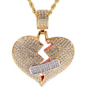 Pendentif Cha&icirc;ne Coeur Bris&eacute; Pour Hommes,Plaqu&eacute; Or 18 Carats Enti&egrave;rement Glac&eacute; Strass Twist Rap Cha&icirc;ne Collier - Neuf