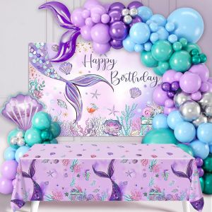 CAUC-Kit Arche Ballon Sir&egrave;ne, 109pcs Decoration Anniversaire Sirene en Ballon Bleu Ballon Vert Ballon Violet, Nappe Sir&egrave;ne & Toile De Fond pour Decoration Anniversaire Fete, Mariage, Baby Shower Fill - Neuf
