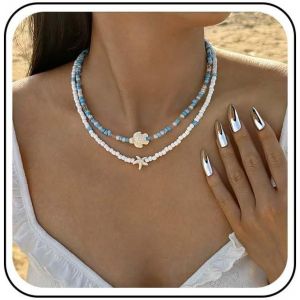 Jum-Collier Tour De Cou Tortue &Eacute;toile De Mer Collier Tour De Cou Perles De Rocaille Collier &Eacute;toile De Mer Perle Blanche Collier Collier Perle De Riz Bleu Collier Tortue Plage &Eacute;t&eacute; - Neuf