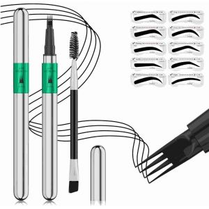 KALANKA-Crayon Sourcils 4 Fourches Résistant à l'Eau - Pointe Ultra-Fine & Formule Anti-Tâches/Anti-Transpiration pour Effet Sourcils Naturels (Gabarit & Brosse Pro) (Noir) - Neuf