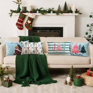 CAUC-Lot de 4 housses de coussin de No&euml;l bleues - 40 x 60 cm - D&eacute;coration de No&euml;l - Motif sapin de No&euml;l (arbre de No&euml;l) - Neuf