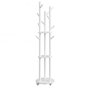 Portemanteau avec 11 crochets et 3 &eacute;tag&egrave;res 4 roulettes pivotantes &agrave; 360&deg; mobile crochet et poteau en bois pour entr&eacute;e chambre salon blanc Helloshop26 12_0007117 - Neuf