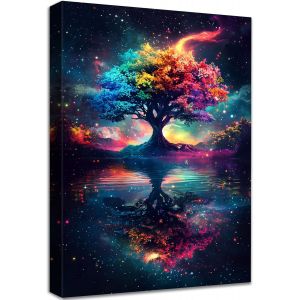 Trahoo-Cadre En Bois Impression Sur Toile Arbre De Vie Bleu Rouge Tableau Image Sur Toile Arbre Nuit &Eacute;toil&eacute;e Paysage De R&ecirc;ve Tableau Decoration Murale Salon Chambre Coucher Salle De Bains Couloir 30x - Neuf