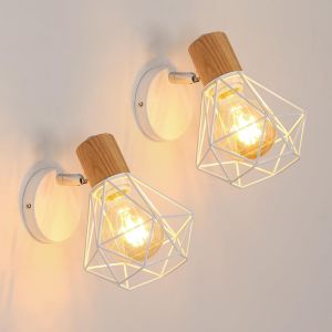 Subzonal-Lot De 2 Applique Murale Industrielle Vintage, Lampe Murale 350&deg; Rotative En Bois, Lampe Cage E27 En M&eacute;tal Et Fer Pour Chambre Couloir Salon, Max 60w, Blanc(Ampoule Non Incluse) - Neuf