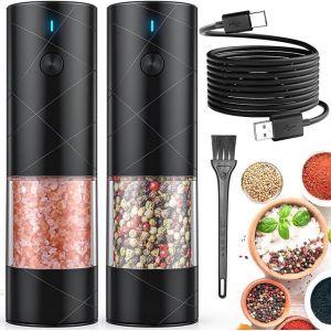 Ensemble de 2 moulins &agrave; sel et poivre &eacute;lectriques rechargeables par USB avec lumi&egrave;re LED chaude, mouture r&eacute;glable, grande capacit&eacute;, pour la cuisine, le restaurant et les activit&eacute;s de plein air, noir. - Neuf
