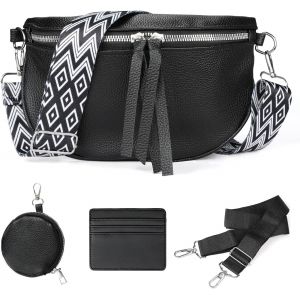 KALANKA-Sac Banane Femme Chic Cuir, Sacs Bandoulière Moyenne Élégant Large Sangle Ville pour Femme Noir avec 2 Bretelles - Neuf