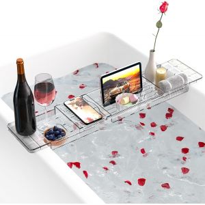 Plateau Baignoire,Pont De Baignoire En Acrylique,Tablette Baignoire Extensible,Planche Baignoire Avec Support Pour Bougie,Verre À Vin,Livre,Tablette,Ipad Et Téléphone,Plateau Salle De Bain - Neuf