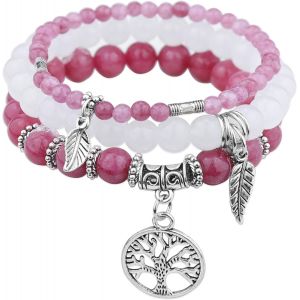 Kalanka-3 Pcs Bracelet Pierre Naturelle Femme,Boho Bracelet Perles Femme Avec Pendentif Arbre De Vie,Bracelets De Yoga Femmes,17-24 Cm Bracelets Pierre Coloré,Bijoux Cadeau Pour Femmes Fille - Neuf
