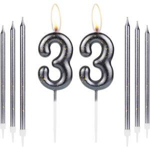 Bougies Noires Dorées 33ème Anniversaire,Décoration De Gâteau Numéro 33 Pour Femmes Et Hommes,Bougies Longues Pour Fête D'anniversaire,Anniversaire De Mariage - Neuf