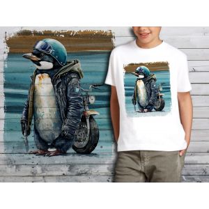 T-Shirt Blanc Enfant Pingouin Biker Blouson De Cuir 747 - Neuf