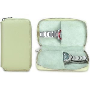 Kal-Étui De Voyage Pour 2 Montres En Cuir Saffiano Avec Fermeture Éclair (Vert Clair) - Neuf