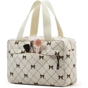 KALANKA-Grande trousse de toilette pour femme - Trousse de toilette de voyage - Trousse de maquillage en velours côtelé pour femme, N?ud Beige - Neuf
