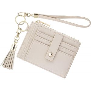 Porte-Cl&eacute;s Fin Avec Dragonne Pour Femme - Blocage Rfid - Porte-Cartes De Cr&eacute;dit - Fermeture &Eacute;clair - Petit Portefeuille Compact En Cuir Pour Femme,Beige,Portefeuille Pour Cartes - Neuf