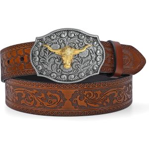 Cauc-Ceinture Western Pour Hommes Et Femmes Cowgirl Cowboy Grav&eacute;e En Relief Tooled Ceinture En Cuir Avec Boucle Pour Pantalon En Jean Rodeo - Neuf