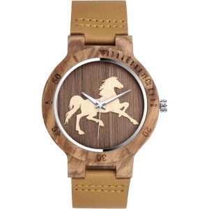 Eryi-Montre En Bois De Bambou Pour Homme Et Femme, Bracelet Brun En Cuir Pleine, Cadran À Motif Cheval Unique, Le Bois Original Montre Bracelet, Montre À Quartz - Neuf