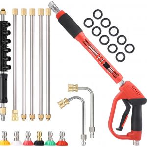 MEVRONISSHOP-Lance de Nettoyage Haute Pression 5000 PSI, Pistolet avec 6 Extensions et 2 Tiges Courbes, 6 Embouts de Pulv&eacute;risation pour Nettoyeur de Voiture, Maison, Terrasse, Jardin - Neuf
