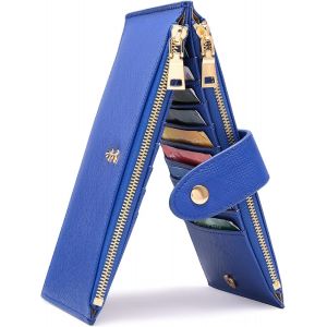 Portefeuille en cuir pour femme, grande capacité, porte-monnaie, blocage RFID, avec 19 emplacements pour cartes, fermeture éclair et porte-chéquier, bleu - Neuf