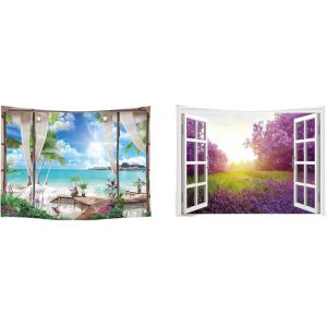 Kal-U2013 Tapisserie -Plage Mer Fleurs Lavande La Nature -73cm X 95cm U2013 Lot De 2 Designs -Tissu Tapisserie Peinture -Poster Art -Bleu Blanche Lilas - Neuf