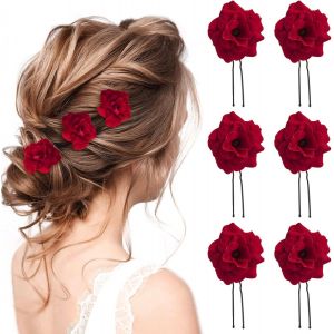 Lot De 6 Pinces À Cheveux En Forme De U En Forme De Rose Rouge Pour Mariée, Demoiselle D'honneur, Accessoires Pour Cheveux Faits À La Main Pour Fête, Mariage - Neuf