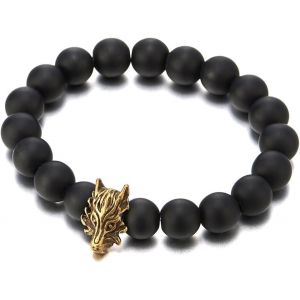 Kal-Bracelet Homme Femme - 10mm Perles Onyx Noir Avec Vintage Tête De Dragon - Bracelet, Prayer Mala - Neuf