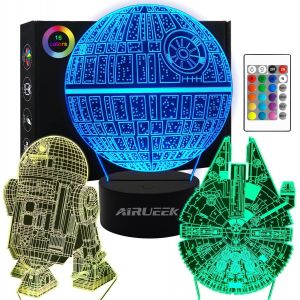 Lampe 3d Star Wars,3 Motifs,1 Socle,1 T&eacute;l&eacute;commande,Motif Star Wars R2-D2,&Eacute;toile De La Mort,Faucon Millenium,Avec T&eacute;l&eacute;commande - Neuf