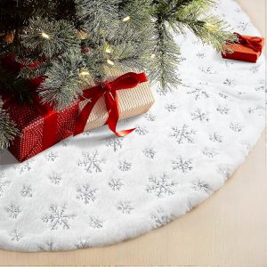 Jupe de sapin de No&euml;l 122 cm / 48 pouces pour d&eacute;corations de No&euml;l et de f&ecirc;tes, en peluche blanche &agrave; paillettes argent&eacute;es et flocons de neige (blanc + argent) - Neuf