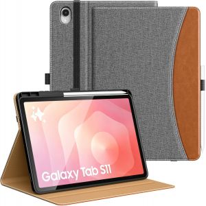 LORANKA-Coque pour Samsung Galaxy Tab S11 2025 11 Pouces avec Porte-Stylet, Cuir PU Multi-Angles Coque pour Galaxy Tab S11 5G (SM-X730/SM-X736B) avec Dragonne, Poche, Veille/R&eacute;veil Auto, Gris & Marro - Neuf