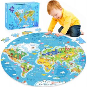 KASFL-Puzzle Rond Enfant,71 Pi&egrave;ces Carte Du Monde Puzzle Enfant De 3 &Agrave; 8 Ans,Jeux &Eacute;ducatif Rond Jouet Pour Les Enfants De 3 Ans - Neuf
