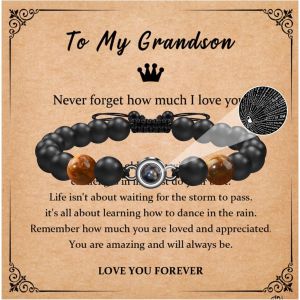 Kal-Bracelet Pour Hommes Bracelet De Perles Pour Hommes 8mm Oeil De Tigre Onyx Noir Je T'aime 100 Langues Bracelets De Projection Réglable Tressé Bracelet En Pierre Naturelle Bijoux Homme - Neuf