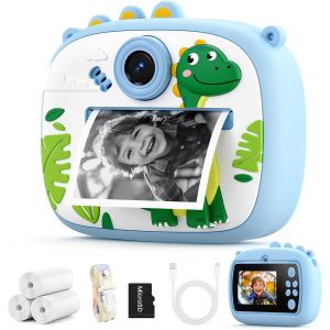 KALANKA-Appareil Photo Instantan&eacute;, 1080P Appareil Photo Enfant Instantan&eacute;e, avec Lecteur de Cartes & 3 Papier Photo Cadeau pour Filles Gar&ccedil;ons de 3 &agrave; 14 Ans(Dinosaure Bleu) - Neuf
