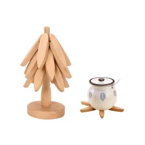 Ensemble De 4 Sous-Verres En Bois En Forme D'arbre Avec Support Pour Plats Et Boissons Chauds - Neuf