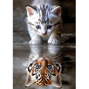 Ayuhr-Peinture Diamant Chaton, Tigre Diamond Painting Kit, Bricolage Diamond Art Broderie Kit Complet, Crystal Point De Croix Artisanat Maison Murale Decor 30x40 Cm - Neuf