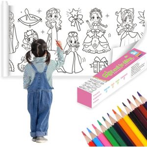 KALANKA-30 M*30 CM Rouleau Coloriage, Rouleaux Dessin Coupables, Rouleau Papier Dessin, avec 12 Crayons Couleur, Découpable, Collable, pour Enfants, Etudiants, Cadeaux D'anniversaire (Motif Princesse - Neuf