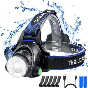 Eryi-Lampe Frontale Rechargeable Led 1200lm,Torche Frontale Ip64 Étanche Zoomable 3 Modes Avec Câble Usb 2 Piles 18650 Avec Voyant Lumineux Pour Camping,Pêche,Vélo,Randonnée,5 Boucles Casque - Neuf