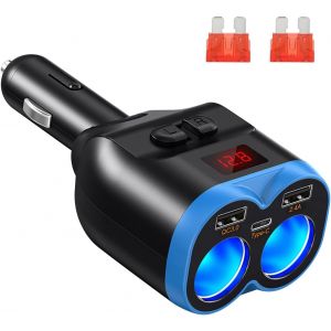 Car Charger,Dual USB A and PD Socket with LED Voltmeter for Car Devices 12V/24V - Neuf