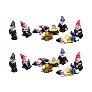 Ensemble de 18 statues miniatures de gnomes de jardin avec feu de joie, souche et tasse pour la d&eacute;coration ext&eacute;rieure - Neuf
