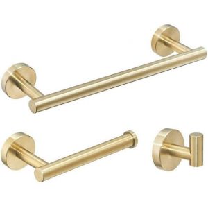 Ensemble de 3 accessoires de salle de bain DAMAIE : porte-serviettes 30 cm, porte-papier toilette, pat&egrave;re, finition or bross&eacute; - Neuf