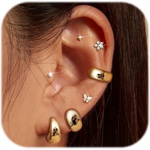 Kal-Paires De Boucles D'oreilles Cr&eacute;oles Hypoallerg&eacute;niques Plaqu&eacute;es Or 14 Carats Pour Femme, En Acier Chirurgical 316l, &Agrave; Dos Plat, Pour Piercings Multiples, Bijoux Cadeau, Or Et Argent - Neuf