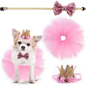 Adorable Ensemble De Costumes D'anniversaire Pour Animaux De Compagnie - Jupe Tutu, Chapeau Couronne Et N?Ud Papillon À Paillettes Pour Chiens Et Chats - Parfait Pour Les Célébrations - Neuf