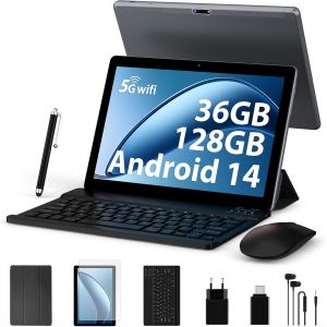 KALWS-Tablette 10"" 2024 Android 14 Octa-Core 2,0 Ghz,5G Wifi 6/36 Go De Ram+128 Go De Rom (Tf 1 Tb),8000 Mah,Batterie/Wi-Fi/Bluetooth 5.0/Tablette Avec Clavier,Étui (Gris) - Neuf