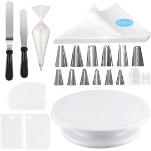 Jexnovashop-Plateau Tournant &Agrave; G&acirc;teau - Kit De D&eacute;coration Avec Spatules, Lisseur, Grattoir, Poches &Agrave; Douille Et Accessoires De P&acirc;tisserie - Neuf