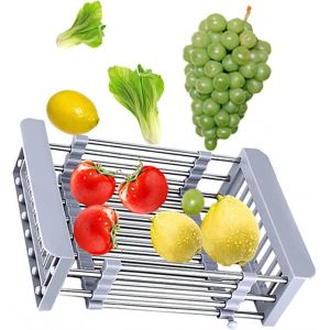 Panier d'&eacute;gouttage t&eacute;lescopique r&eacute;glable en acier inoxydable pour &eacute;viers - Neuf