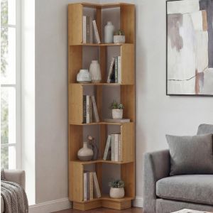 Biblioth&egrave;que d'angle HWC-P53, &eacute;tag&egrave;re d'angle, &eacute;tag&egrave;re de salon, 5 niveaux, MDF m&eacute;lamin&eacute;, 175 x 40 x 40 cmaspect bambou - Neuf