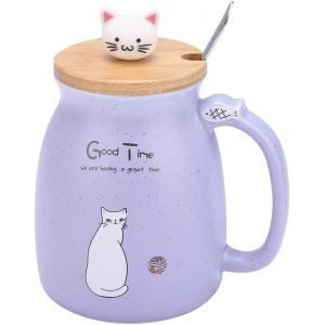 Eryi-Tasse À Thé D'eau En Céramique Tasse De Lait Mignon Chat En Cadeau 420 Ml (Violet) - Neuf