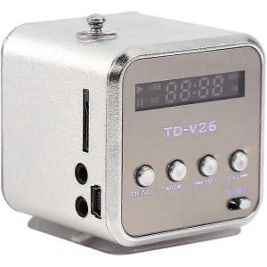 Mini haut-parleur,haut-parleur stéréo radio FM portable,prise casque 3,5 mm,lecteur de musique,carte TF et disque U pour la maison / voyage / sports (argent) - Neuf