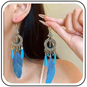 Kal-Boucles D'oreilles Plume Boho Tribal Boucles D'oreilles Plume Long Chandelier Boucles D'oreilles Gitane Boucles D'oreilles Pampilles Plume Vintage Boucles D'oreilles Ethniques Indiennes(Bleu) - Neuf