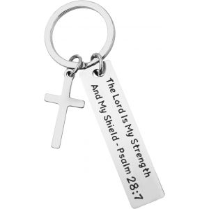 KAL-Porte-Clés En Forme De Croix Chrétienne Avec Verset Biblique Inspirant « The Lord Is My Strength And My Shield » - Cadeau Religieux Pour Anniversaire, Noël, Pâques, Argenté, Medium - Neuf