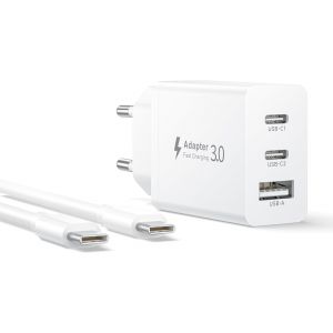 JGD-Chargeur USB C Rapide 30W avec Cable USBC 2M, 3 Port Prise Multiple Prise USBC Adaptateur Secteur USB C Chargeur Type C Charge Rapide pour iPhone 17Air 16E/16 15 Pro Max/16 15 Plus/iPad Air Mini - Neuf