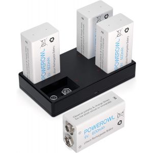 Lot de 4 Piles 9V Rechargeables Lithium-ION 600mAh avec 9v Chargeur Rapide pour D&eacute;tecteur de Fum&eacute;e etc. - Neuf